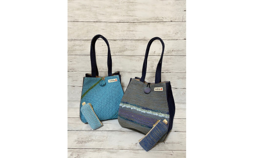 B209　さをり織り柿バッグ・印鑑ケースセット【柿バッグ・印鑑ケースセット（青系）】