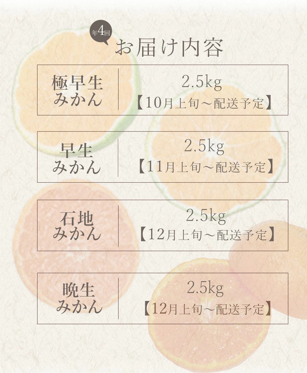 フルーツ定期便 4回 三豊市 極早生みかん2.5kg 早生みかん 2.5kg 石地みかん2.5kg　晩生みかん2.5kg【配送不可地域：北海道・沖縄県・離島】