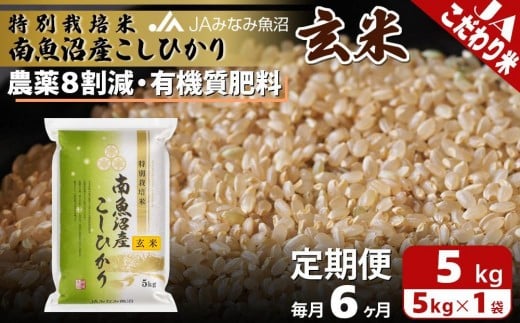 【JAみなみ魚沼定期便】特別栽培米南魚沼産こしひかり8割減玄米（5kg×全6回）農薬8割削減 有機肥料 調整玄米 精選玄米 特A獲得日本一産地 もっちり甘い 南魚沼産コシヒカリ