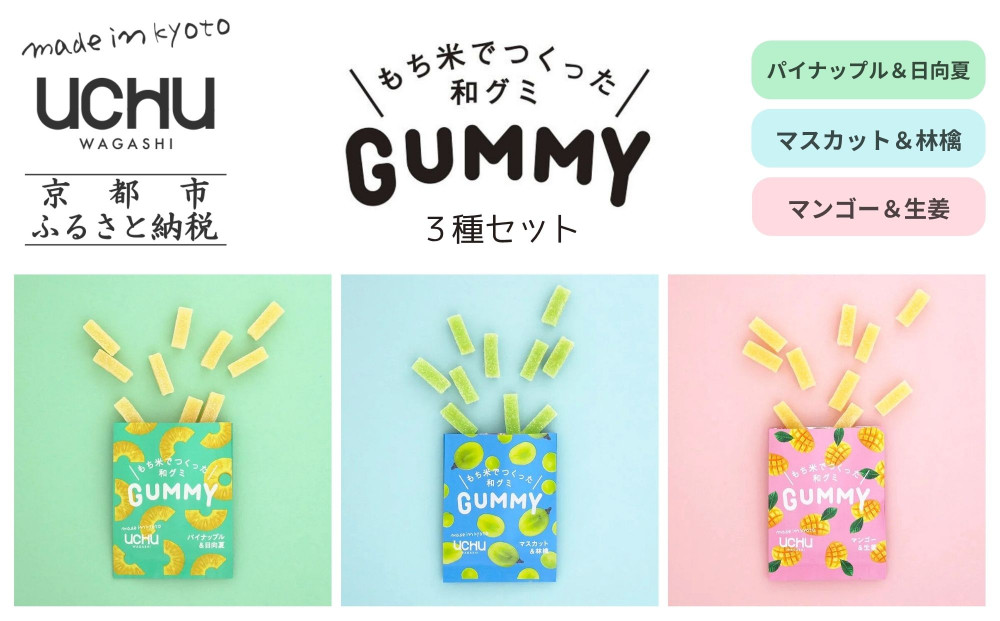 【UCHU wagashi】GUMMY 3種セット(パイナップルと日向夏/マスカットと林檎/マンゴーと生姜)｜京都 創作和菓子 人気店 グミ［ 和グミ全3種詰め合せ 新しい和菓子 もっちり感 他にはない個性いっぱい 和三盆 可愛い 手作り 人気 おすすめ お取り寄せ 通販 送料無料 ふるさと納税 ］ 261009_B-XT02