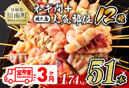 【３ヶ月定期便】 宮崎県産若鶏 やきとり 人気部位串セット＆ネギまセット 計51本 国産鶏肉 九州産鶏肉 小分け鶏肉 鶏肉 鶏肉