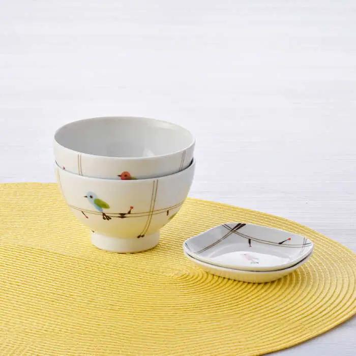 【波佐見焼】ことりの森 茶碗・角豆皿 4点セット【まるしん】[WD45]