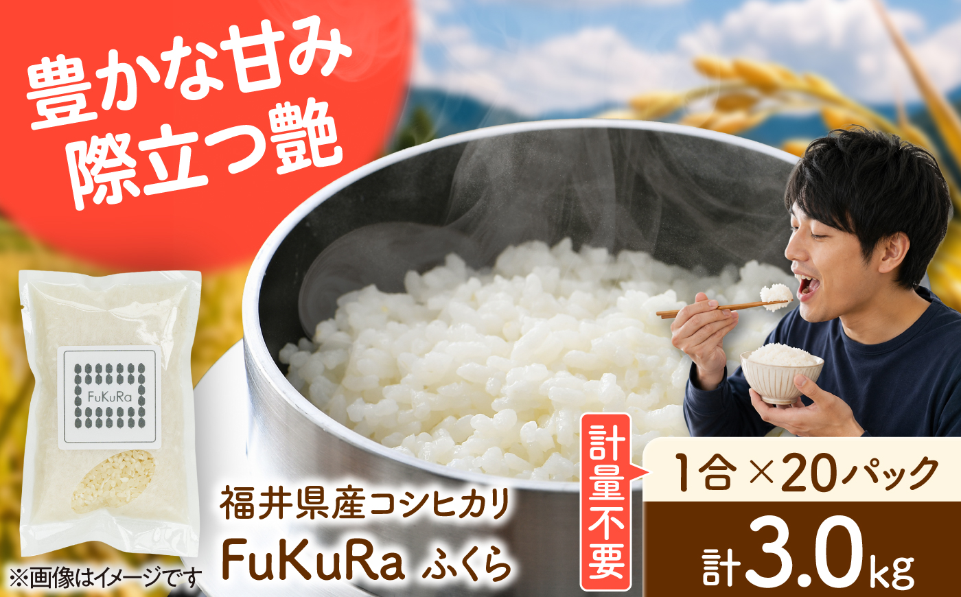 福井県産 こしひかり 『FukuRa』（ふっくら） 1合パック×20パック （150g×20袋） 合計3.0kg  一人用 [BFAV016]