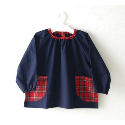 ふるさと納税 忠岡町 キッズ スモック　チェックポケット(紺)　100cm
