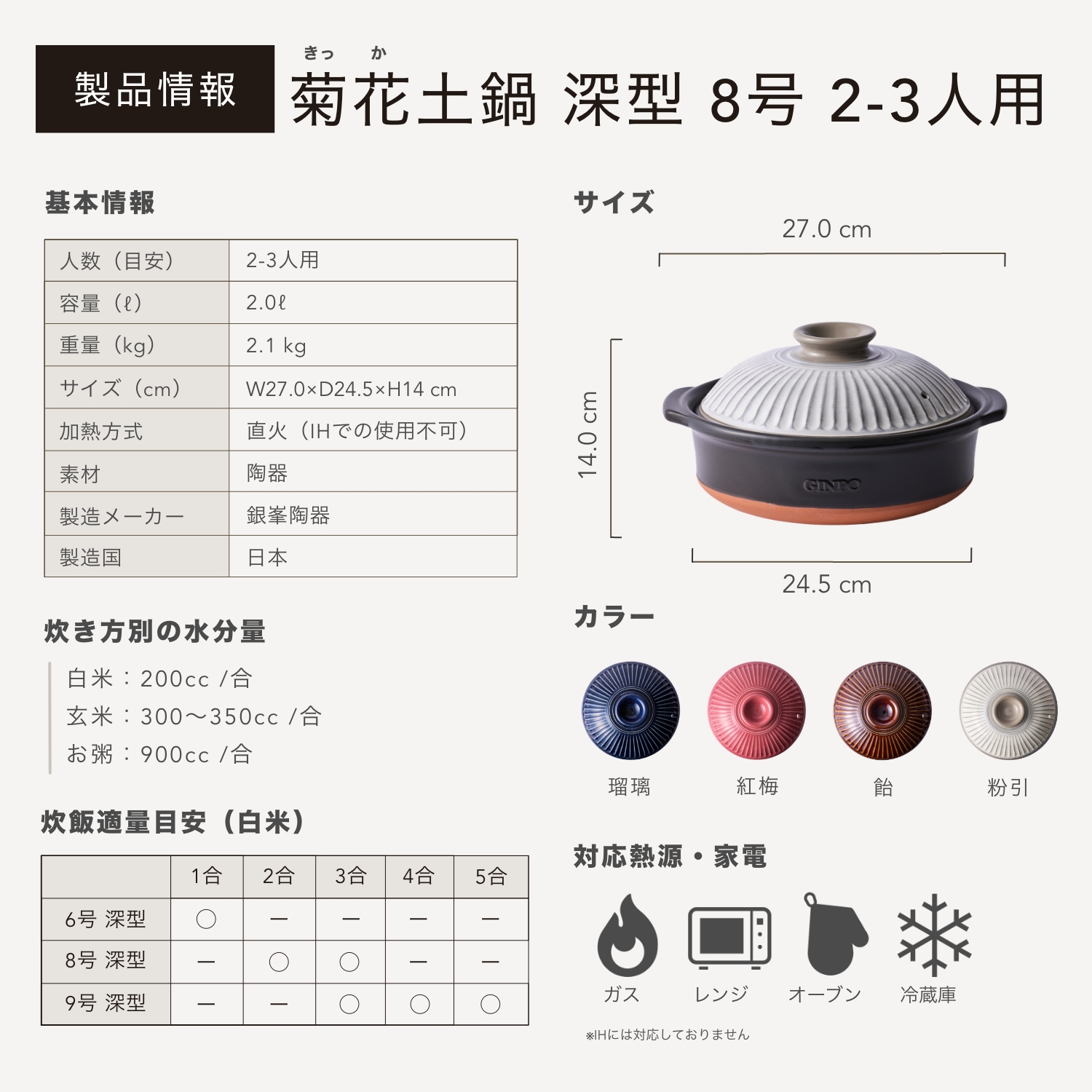 【萬古焼（ばんこやき）】菊花 深型土鍋 8号 カラー：粉引│二人用 三人用 二合 2合 3合 秋 冬 おしゃれ ご飯 ごはん 家庭用 家族 家庭 料理 贈り物 直火 レンジ 炊飯 銀峯 GINPO_イ