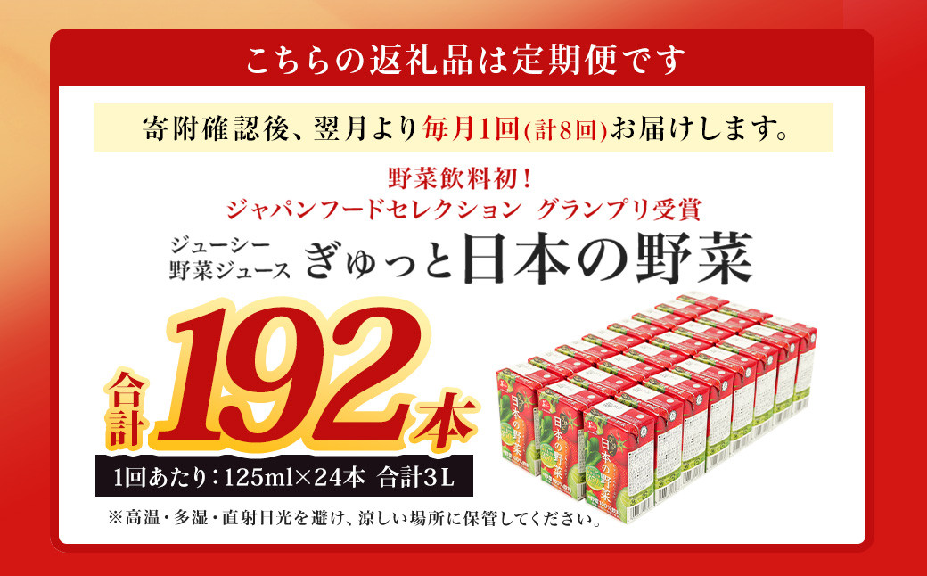 【8回定期便】ジューシー 野菜ジュース ぎゅっと日本の野菜100％ 125ml×24本