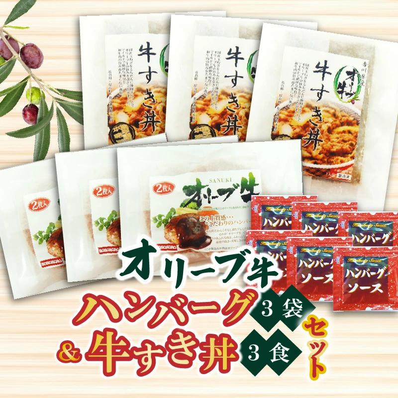M04-0050_香川県産黒毛和牛 オリーブ牛 ハンバーグ3袋(100g×6枚入)&牛すき丼3食セット