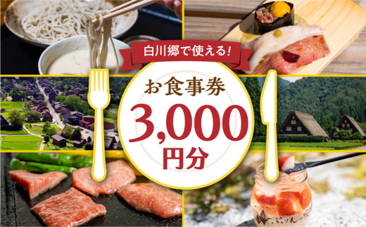 白川村 共通お食事券 3千円分 チケット 岐阜 白川郷 世界遺産 観光 旅行 食事券 結旨豚 飛騨牛 定食 そば 飛騨 ディナー ランチ［ S398 ］