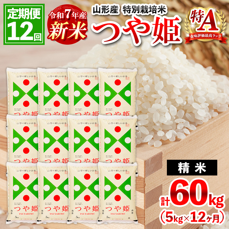 【2月発送開始】 【定期便12回】 先行予約 令和7年産 新米 山形産 特別栽培米 つや姫 5kg×12ヶ月(計60kg) FY25-348