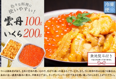 3403. 無地熨斗 うに 100g いくら醤油漬け 200g ウニ チリ産 冷凍 いくら 二色丼 雲丹 イクラ 海鮮 海鮮丼 うに丼 いくら丼 のし 名入れ不可 送料無料 北海道 弟子屈町