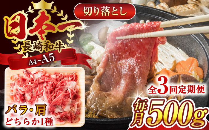 
【全3回定期便】【A4～A5】長崎和牛切り落とし　500g【株式会社 MEAT PLUS】 [QBS045]
