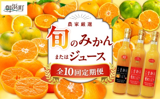 御浜柑橘の旬のみかん又はジュースを毎月発送（10回）【果物 フルーツ みかん 定期便 定期 10回 オレンジ オレンジジュース みかんジュース 光センサー 三重県 御浜町】