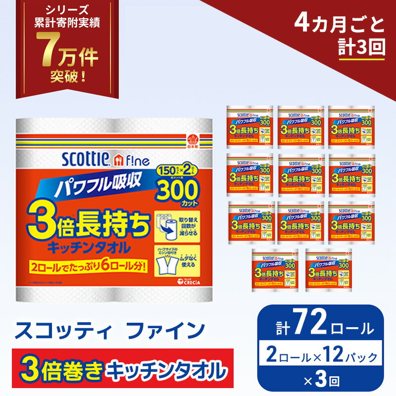 【ふるさと納税】 定期便 キッチンペーパー 72ロール (2R×12P,4ヶ月ごと計3回) スコッティ ファイン 3倍巻き 150カット キッチンタオル ペーパータオル 長持ち 高品質 上質 日用品 生活用品 必需品 吸水 防災 備蓄 日本製 家計の味方 送料無料 宮城県 岩沼市