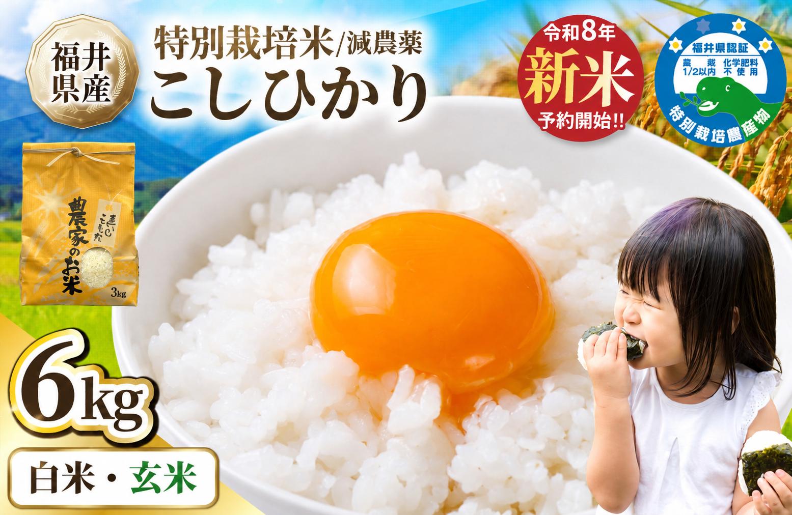 
                  【新米予約】減農薬米 こしひかり 6kg(3kg×2袋) ／令和8年 福井県産 （玄米or白米） 人気品種 少量サイズ便利
                