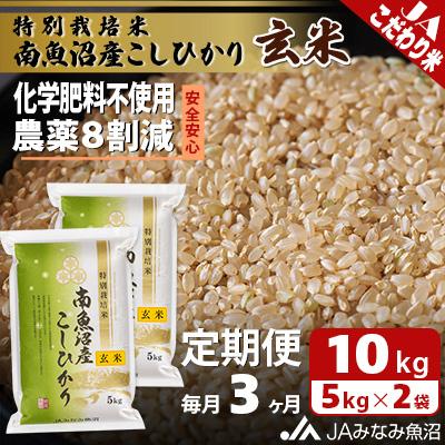 ふるさと納税 南魚沼市 【毎月定期便】特別栽培米南魚沼産こしひかり8割減 玄米 10kg(5kg×2)全3回