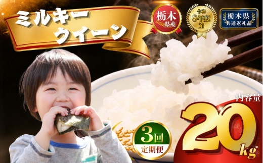 【令和8年産】定期便3回 ミルキークイーン 20kg | 米 こめ 白米 精米 お米  栃木米 ブランド米 【栃木県共通返礼品 栃木県産】 栃木県 下野市 しもつけ市