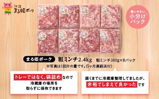 定期便【5カ月】まる姫ポーク 粗ミンチ 2.4kg（300g×8パック）×5回（計12kg）
