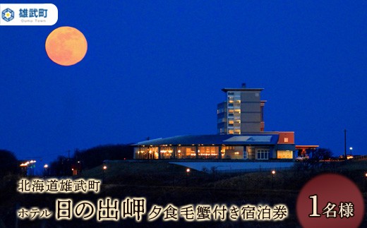 
                  北海道雄武町 ホテル日の出岬・夕食毛蟹付き宿泊券（1名様） | 毛ガニ付き 夕食毛ガニ付き 毛蟹付き 1泊2食 夕朝食付 温泉宿 天然温泉 貸切展望温泉 オホーツク温泉 オーシャンフロント 海の見えるホテル 露天風呂 サウナ 北海道旅行 道北旅行 オホーツク旅行 宿泊施設利用券 旅行券 お取り寄せ 北海道 雄武町 雄武【20006AA0101】
                