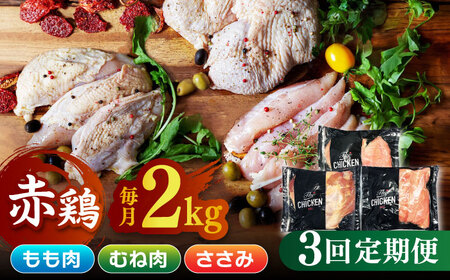 【3回定期便】鶏肉 赤鶏 食べ比べ もも肉 むね肉 ささみ 計6kg（各2kg×3種）【日本一鶏肉研究所 株式会社 】 九州産 ささみ ササミ むね肉 モモ肉 鶏肉セット 定期便  [ZCU141]