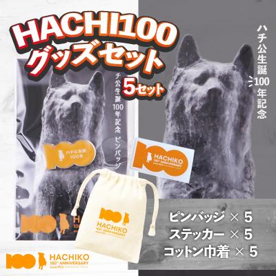 ふるさと納税 大館市 HACHI100グッズセット(HACHI100オリジナルピンバッジ・ステッカー・コットン巾着)×各5