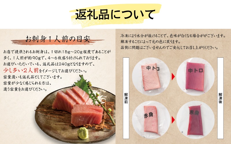 本マグロ トロ＆赤身セット240g（養殖）【お正月予約 12月25日～29日発送】濃厚な赤身と高級部位トロの鮪好きにはたまらないセット 【串本町×北山村】 高級 クロマグロ【nks113-sg】