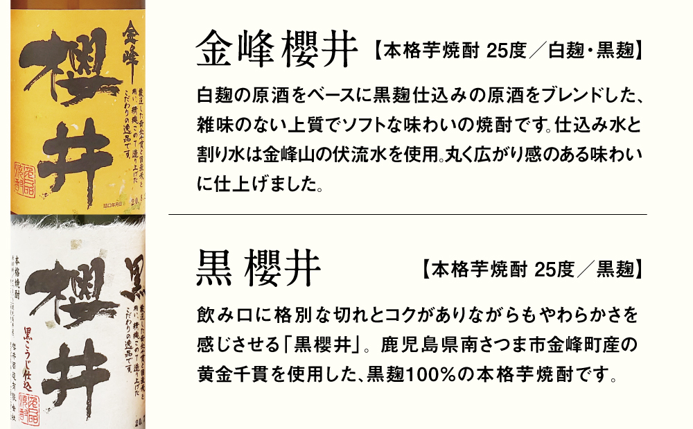 櫻井酒造 本格芋焼酎 飲み比べセット（720ml×2本）【金峰櫻井・黒櫻井】 家飲み 宅飲み 芋焼酎 お酒 ギフト ご贈答 お湯割り 水割り ロック 黒櫻井 金峰櫻井 25度 プレミア 限定 黒麹 白