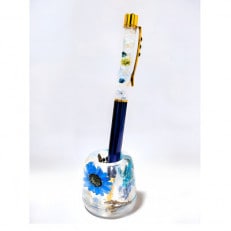 【Art grace】クリスタルハーバリウムボールペン(Mブルー)&ハーバリウムペン立て(ブルー)