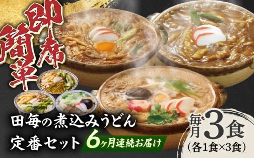【6回定期便】うどん 岐阜の味 田毎の煮込みうどん定番セット 即席 カンタン 麺 うどん カレーうどん 味噌煮込みうどん すまし煮込みうどん 冷凍 半年 定期便 3種類 詰め合わせ 食べ比べ 簡単調理 時短 鍋不要 水不要 老舗の味 名店 グルメ お取り寄せ サブスク ギフト プレゼント 贈り物 贈答 お返し 内祝い お祝い おすすめ 人気 岐阜市 / ラボレムス [ANFP011]