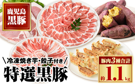 【B02072】特選黒豚(約1.1kg)、黒豚餃子(計36個・12個入り×3P)、冷凍やきいも(約800g)セット！ 鹿児島 国産 豚肉 黒豚 お肉 バラ肉 肩ロース 餃子 ギョウザ 水餃子 ぎょうざ 紅はるか 焼き芋 焼芋 冷やし焼き芋 しゃぶしゃぶ とんかつ ギフト 贈答【和田養豚】