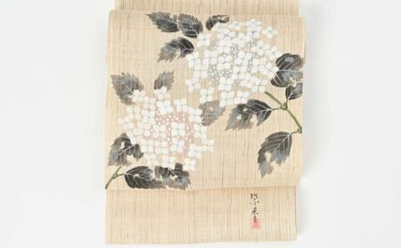 名古屋帯麻紫陽花柄仕立て上がり絽紗名古屋帯