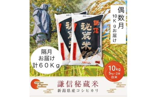 令和7年産 新潟県産 コシヒカリ 定期便 偶数月発送（10kg×6回分） 謙信秘蔵米 真空 窒素挿入 冬眠パック 精白米 お米 上越市 上越産 上越米 上杉謙信