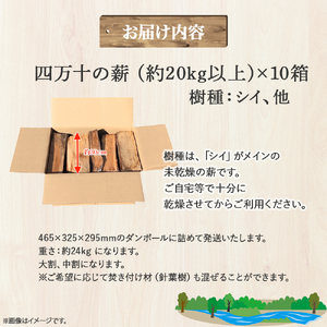四万十の薪　未乾燥　シイ他(20kg以上)×10箱　Bnm-23 四万十の薪　未乾燥 キャンプ 薪ストーブ ストーブ 薪割り 割り薪 まき 乾燥 済 アウトドア キャンプ ファイヤー 焚き火 焚火 森