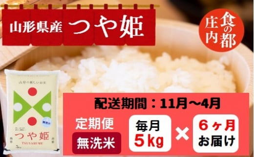 【11月～4月発送】無洗米山形県産つや姫5kg×6回【定期便6回】
