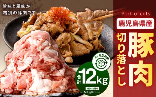【3回定期便】鹿児島県産 豚肉 切り落とし（500g×8パック×3回 合計12kg）お肉 豚 肉 切り落とし肉 ES-708