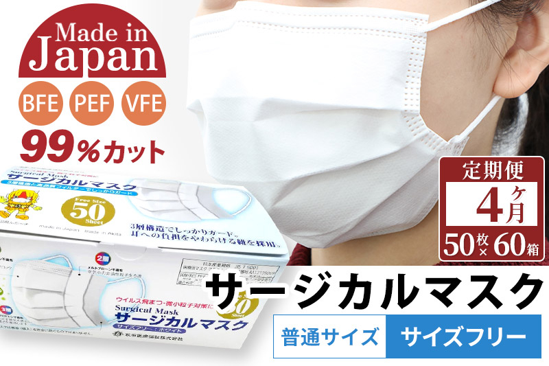 
《定期便4ヶ月》国内製造 高性能サージカルマスク 普通サイズ 50枚入り×60箱 (合計3,000枚)×4回 4か月 4ヵ月 4カ月 4ケ月
