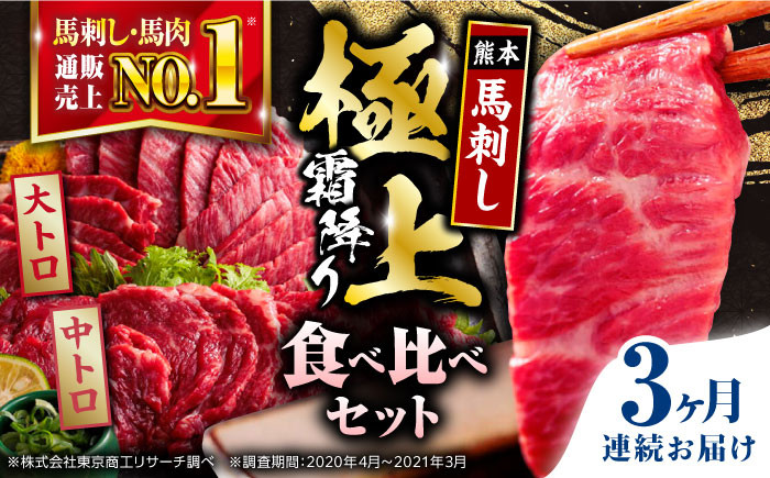 
【全3回定期便】熊本県産 馬刺し 計500g ( 大トロ 200g 霜降り中トロ 300g ) 専用醤油付き 熊本 霜降り 中トロ 国産 冷凍 馬肉 馬刺 ヘルシー 真空 パック 極上 小分け【株式会社 利他フーズ】[YBX016]
