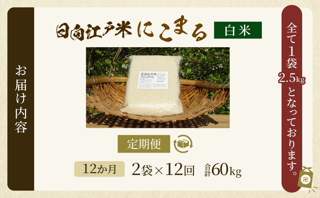 【12か月定期便】天日干しが引き出す お米の旨味 日向江戸米（にこまる）【白米】合計60kg 国産米 ブランド米 農薬不使用 化学肥料不使用 無農薬 ごはん ご飯 おにぎり お弁当 冷めても美味しい 