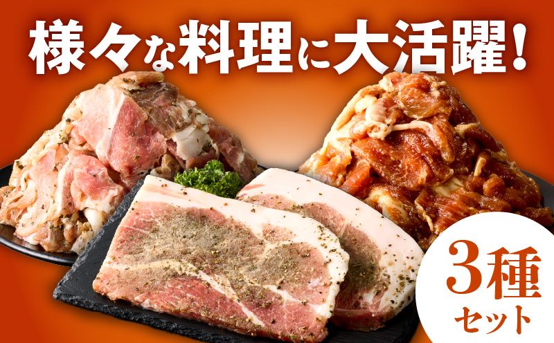 栗豚 3種セット 合計 1.8kg（ステーキ/切り落とし/生姜焼き用）【オリジナルスパイス仕込み 豚肉 小分け 盛り合わせ 食べ比べ 焼くだけ】 G3374