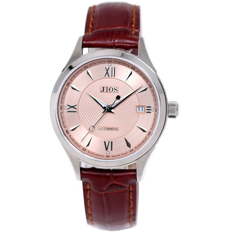 【ふるさと納税】JIOS SEIRAN 日本製 自動巻き腕時計 メンズ 男性用 革ベルト ブランド ドレスウォッチ ジオス ビワマスサーモン文字盤 ×＜シルバー針または青針より選択可＞クロコ型押しベルト（ブラウン）