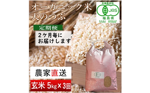 【令和6年産・新米】隔月定期便（計3回）　JAS有機米　天のつぶ（玄米）　5kg×3回 計15kg【3005101】