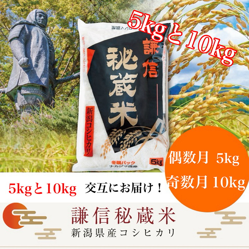 令和7年産 定期便 12回 月替わり発送(偶数月5kg奇数月10kg)(全12回) 5kg 10kg 米 新潟県産 コシヒカリ  精白米 謙信秘蔵米  お米  こめ コメ おこめ おすすめ こしひかり 新潟 にいがた 新潟米 上越 上越産 上越米 ふるさと納税 定期便 人気