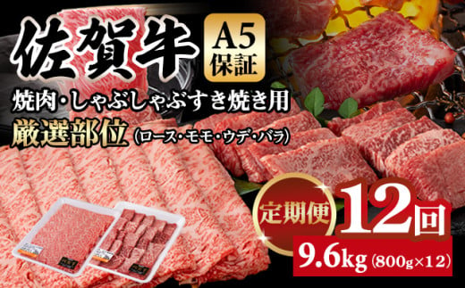 【定期便】佐賀牛 A5  焼肉・しゃぶしゃぶすき焼き 厳選部位 合計800g（400g x 各1P）12回定期 計9.6kg(800gx12) 桑原畜産 小分け ブランド牛 黒毛和牛 人気 高評価 佐賀県 小城市