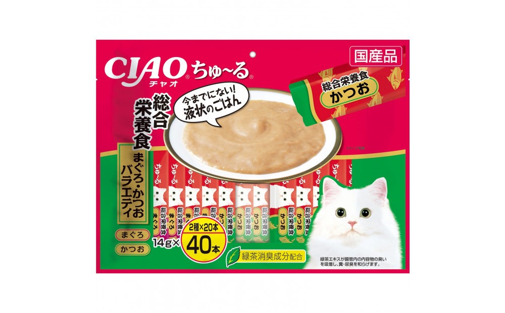 
                  いなば　CIAO猫ちゅ～る　総合栄養食　まぐろ・かつおバラエティ320本（14ｇｘ40本ｘ8袋入）（ケース）
                