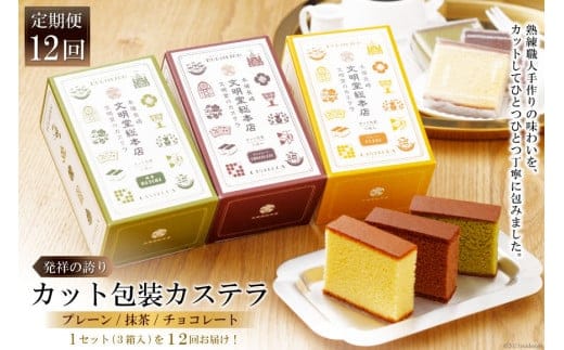 
										
										12回 定期便 カット包装 カステラ 3箱（ プレーン・抹茶・チョコレート ） [文明堂総本店 長崎県 雲仙市 item1389] カステラ かすてら カット済み 個包装 長崎 セット 詰め合わせ
									