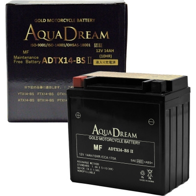 
                  AQUADREAM GOLD バイク用バッテリー 液入充電済 ADTX14-BS II 1個【1641543】
                