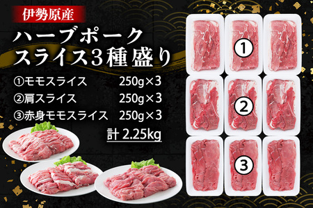絶品ハーブポーク スライス 三種盛 計2.25kg｜肉 お肉 モモ 肩 赤身 神奈川県 ギフト 贈りもの プレゼント 人気 お土産 正月 肉の日 おかず 豚肉 [0722]