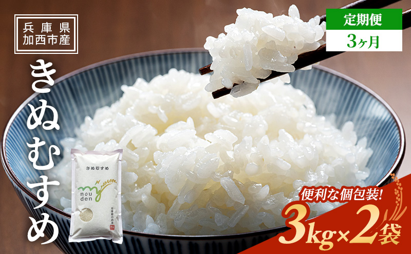 お米 定期便 きぬむすめ 白米 6kg(3kg×2袋) 3ヶ月連続お届け 米 単一原料米 精米 ごはん ご飯 白飯 小分け