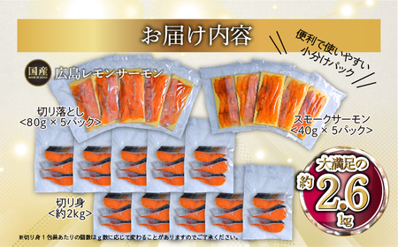広島レモンサーモン 詰め合わせセットC 約2.6kg [切り落とし (80g×5P)+スモークサーモン (40g×5P)+切り身 (約70g×3切れ×10P)] 小分け｜国産 広島県産 冷凍 刺身 燻