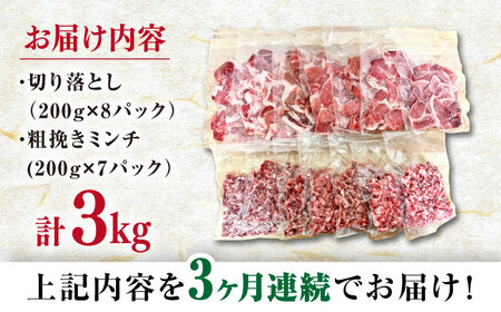 【3回定期便】肥前有明豚 2種 切り落とし・粗挽きミンチセット 総計9㎏【くすのきファーム】[NAS101]