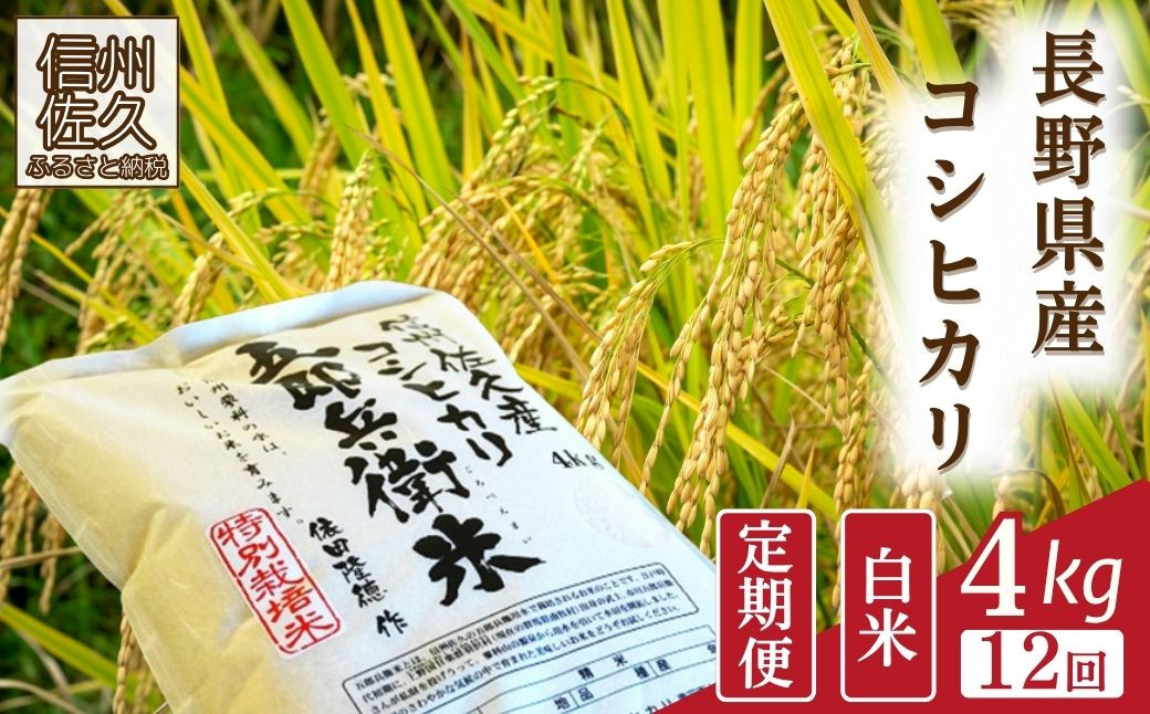 
                  【令和8年産・白米4kg×12カ月定期便】特別栽培米　五郎兵衛米 〈2026年9月下旬頃～順次発送〉 先行予約　新米　信州　こしひかり【 米 コメ 白米 精米 お米 こめ おこめ 予約 備蓄品 コシヒカリ 長野県 佐久市 】
                